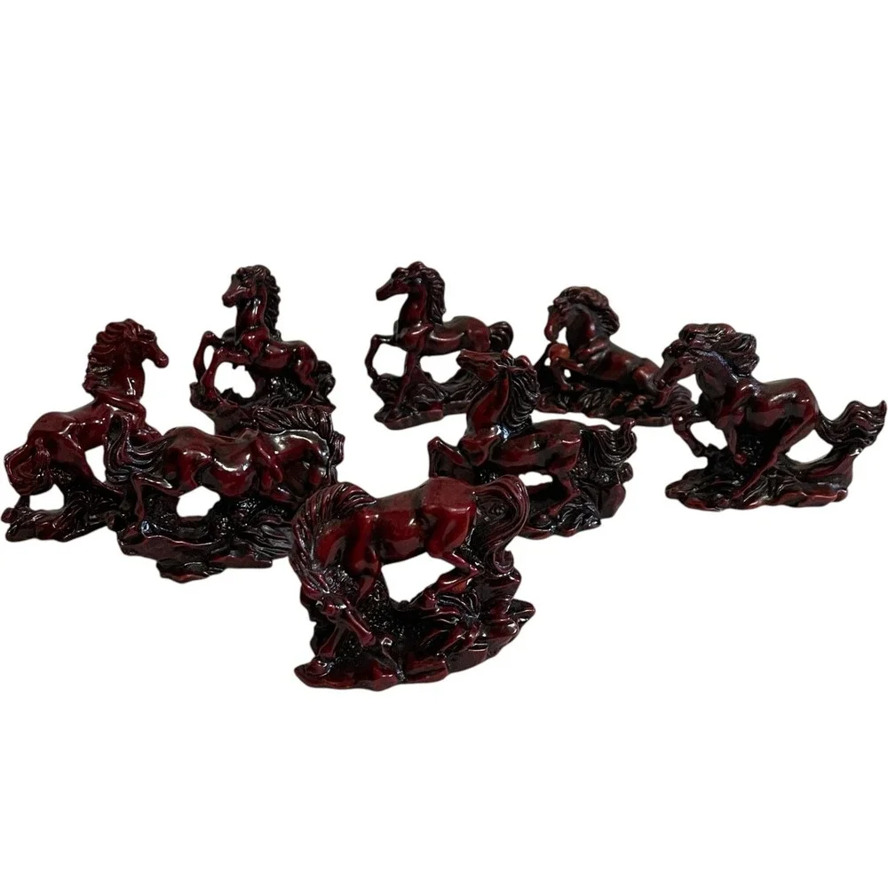 VTG Galloping Horse Figurine Set Home Decor Small Burgundy Red Cinnabar Style